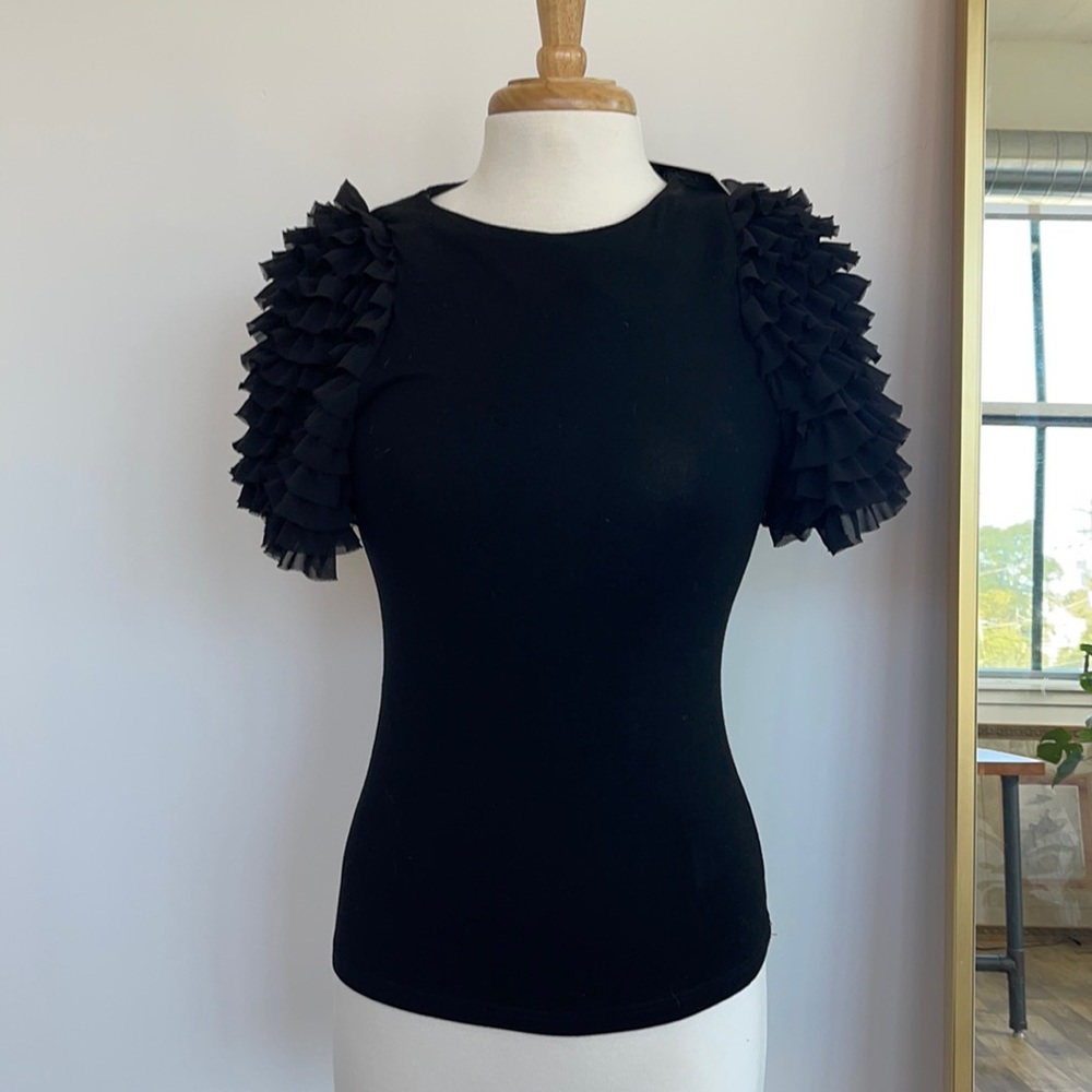 Black Stretchy top with ruffled sleeves - NWT